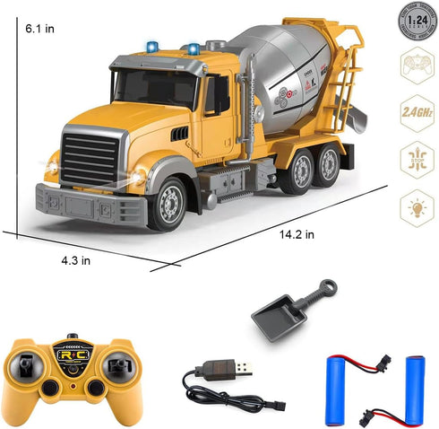 6 1:24 360 Fistone RC Cement Mixer Toy, Channel Truck with Lights, Electric Degree Stirring Vehicle, Rechargeable