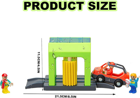 Car Wash Station Playset Toy for Wooden Train Track, Creative Pretend Play Toy Vehicles Accessory for Toddlers