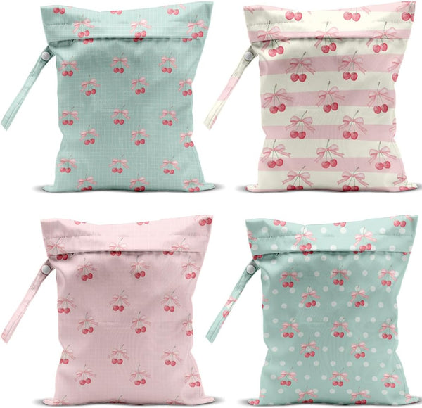 VBCVBGFH 4 Pack Cute Stripe Bow Cherry Wet Bag Waterproof Washable Reusable Wet