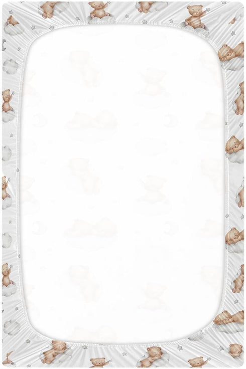 KICPOAY 52 28 Fitted Crib Sheets White Bears with Clouds Stretchy Portable Playard Sheets for Baby Toddler, Breathable