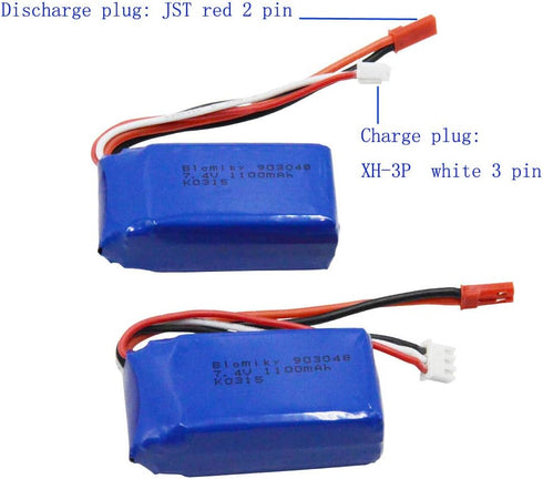Blomiky 2 Pack 8.14Wh 7.4V 1100mAh Li-ion-Po Battery with JST Plug for Wltoys RC Truck Cars