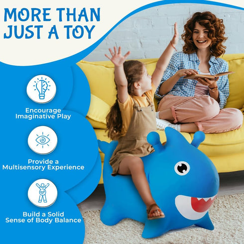 Blue Shark Bounce & Ride-on Inflatable Hopper - Toddler Toy with Pump for Fun Playtime