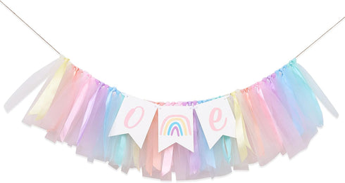 LINLULU Pastel Rainbow High Chair Banner - Tulle & Ribbon Highchair Banner for