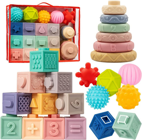 Jyusmile Baby Toys for 6-12 Months, Montessori Stacking Blocks, Soft Teething Toys & Sensory Balls