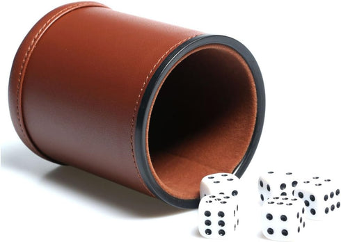 Leather Dice Cup Set - Felt Lining Quiet Shaker with 5 Dot Dices for Farkle Yahtzee Games, Brown