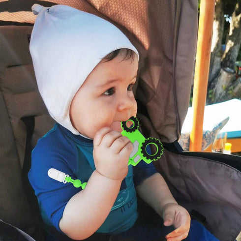 Baby Tractor Teething Toys, Food Grade Silicone Teether with Pacifier Clip Holder, Pain Relief for 3 Months+ BPA Free