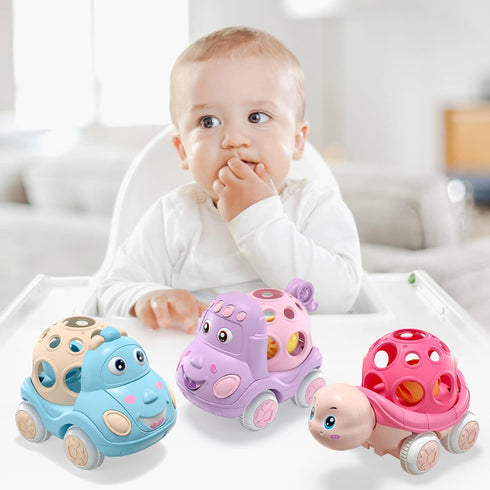 Baby Girl Toy Cars, Pink Push and Go Trucks Rattles for Infant Toddler Girls, Soft Rattle Car Gifts