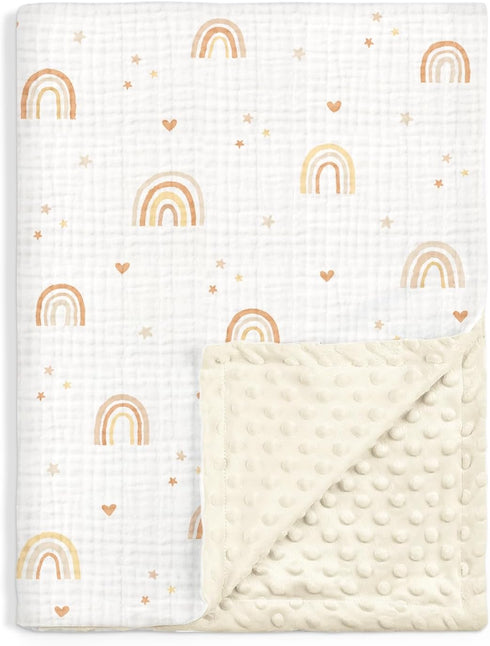 Rainbow Baby Blankets for Girls, Soft Nursery Minky Blankets with Muslin and