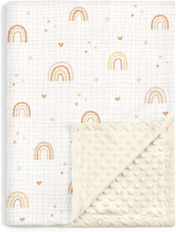 Rainbow Baby Blankets for Girls, Soft Nursery Minky Blankets with Muslin and