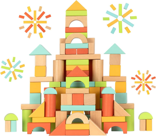 MEEYOO 100pcs Wooden Blocks for Toddlers 1-3, Building Blocks for Toddlers 1-3, Wooden