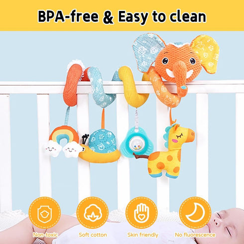 Car Seat Hanging Toys - Baby Spiral Activity Plush Stroller Toys with Music Box, Rattles for Infants 0-12 Months.