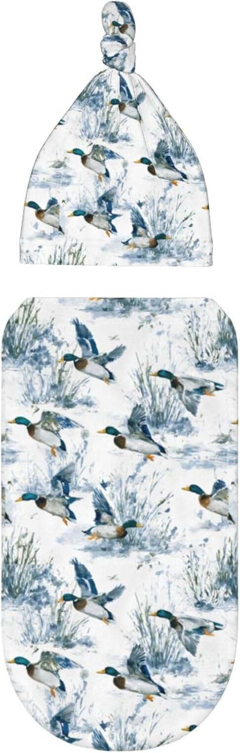 Nanyizly Set 0-6m Cute Mallard Duck Newborns Beanie Swaddle Blanket Baby Receiving Blankets for Infant Boy Girl Swaddle