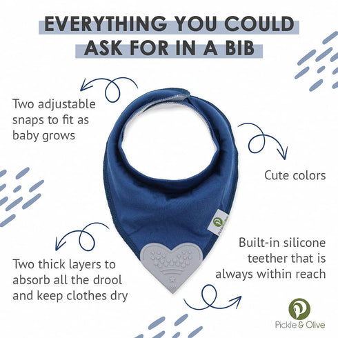 Set 4 Pickle & Olive Baby Bandana Teething Bibs with Attached Silicone Teether - Of -Solid Blues
