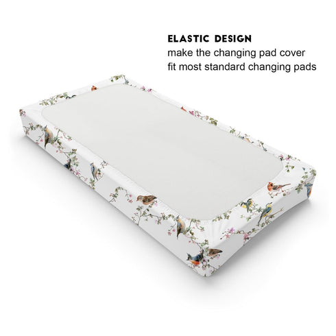 Watercolor Sparrow Spring Floral Changing Pad Covers, Birds Flowers Leaves for Boy Girl, Soft Stretchy 32''x16''