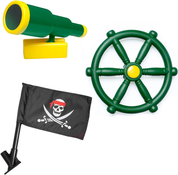 Barcaloo Playground Equipment Bundle Set - Kids Pirate Telescope, Steering Wheel & Flags for Backyard Swing Set