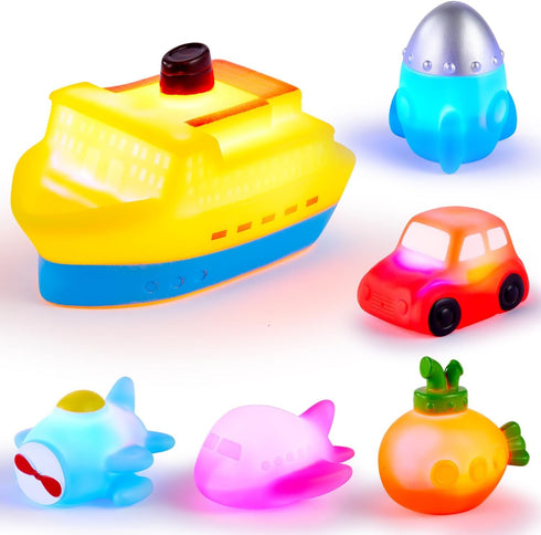 CHIMAGER 6 Packs No Hole Boat Bath Toy Set, Light up Changing Color
