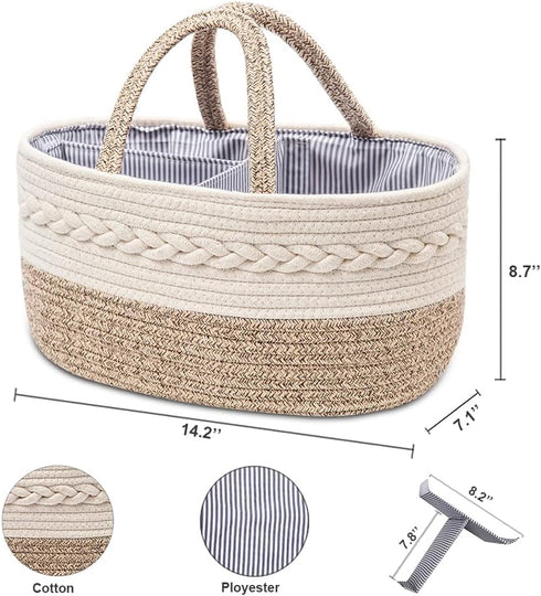 Baby Diaper Caddy Organizer, Portable Nursery Storage Basket with Changeable Compartments, 100% Cotton Woven Rope