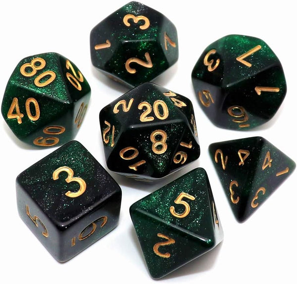 Polyhedral DND Dice Set - Glitter Dice for Dungeon and Dragons D&D RPG Role Playing Games (Green Mix Black Nebula)