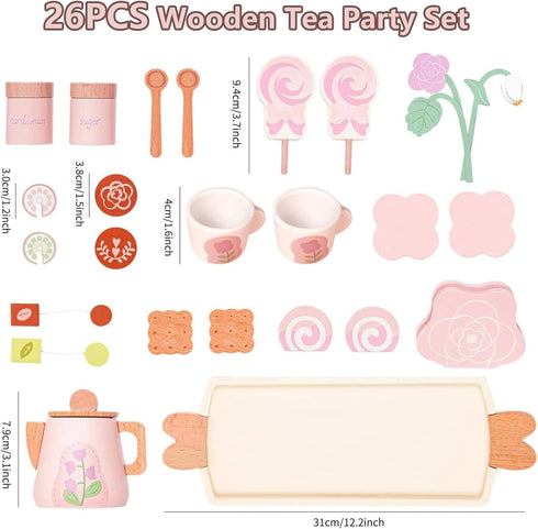 Set Set 26 Set 3-5 Wooden Tea for Little Girls, Pretend Play Tea Party Toy with PCS Play Kitchen Accessories, Princess