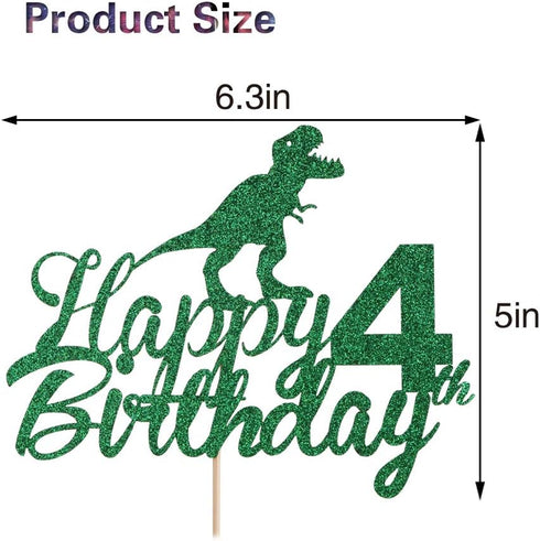 Anxdh Dinosaur Cake Topper for 4th Birthday, Sparkling Happy 4th Birthday Decoration for Boys, Jurassic Park Theme