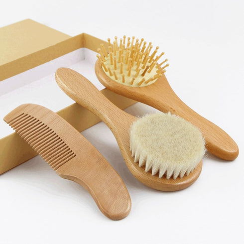 Set FRCOLOR Wooden Handle Hair Brush and Comb with Soft Wool Bristles for Newborn Scalp Care and Bathing Grooming Kit