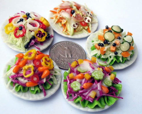 5 Assorted Salad with Plate for Dollhouse Miniature Food - 1:6 Scale Realistic Clay Food