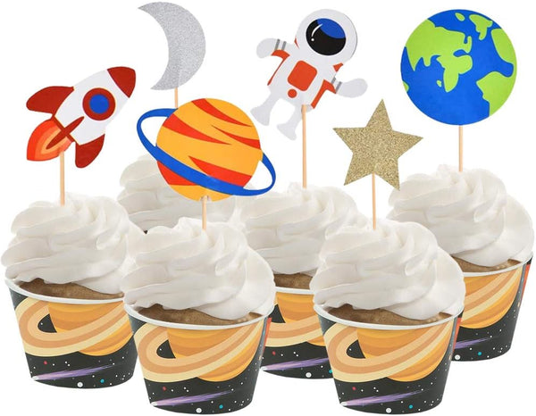 30pcs Outer Space Cupcake Toppers, Planet Party Supplies for Birthday Decorations with Rocket and Astronaut Themes