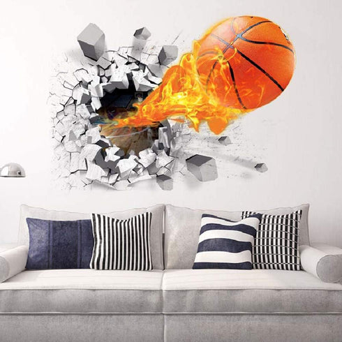 Supzone 3D Basketball Wall Sticker, Self-Adhesive Vinyl Removable Flying Basketball Art for Kids Bedroom