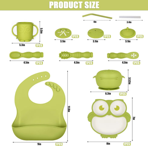Silicone Baby Feeding Set 13 Piece, Baby Led Weaning Feeding Supplies, Strong Suction Bowl & Suction Plate, Adjustable Bibs, 4-in-1 Cup, Silicone Spoon, Food-grade Silicone (Green with white) by lokeisna
