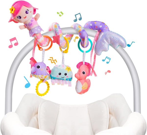Koty Carseat Toys Hanging, Pink Mermaid Stroller Toys for Babies 0-6 Months,