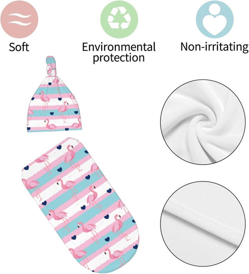 Osvbs Set, Cute Retro Flamingo Baby Stuff Newborn Swaddle Blanket with Beanie Soft and Stretchy Swaddling Baby Blanket