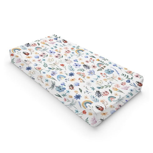 Spring Garden Flowers Rainbow Changing Pad Covers, Watercolor Insects Sheets for Boy Girl, 32''x16''