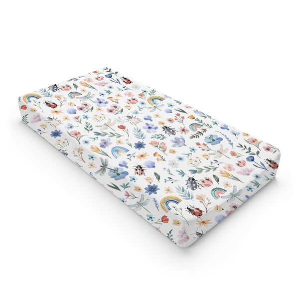 Spring Garden Flowers Rainbow Changing Pad Covers, Watercolor Insects Sheets for Boy Girl, 32''x16''