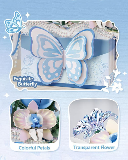 Set, 998 (1968) Mini Portable Block Flower Blue Rose Creative Eternal Flower Gifts Box with Romantic Light, Home Decor