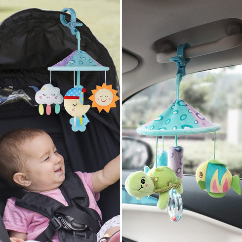 Baby Pram Mobile Toy for Pack and Play - Car Roof Handle Toys with Soft Rattle for 0 Months+ (Sky)