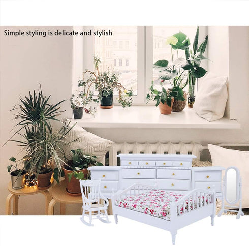 Dolls House Furniture Mini Wooden Queen Bed 6pcs, Miniature Dollhouse Bed 1:12 Cabinet for Doll