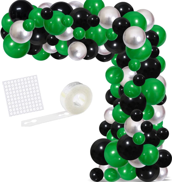 Green Black Silver Balloon Garland Arch Kit, Metallic Balloons for Video Game Birthday Decorations