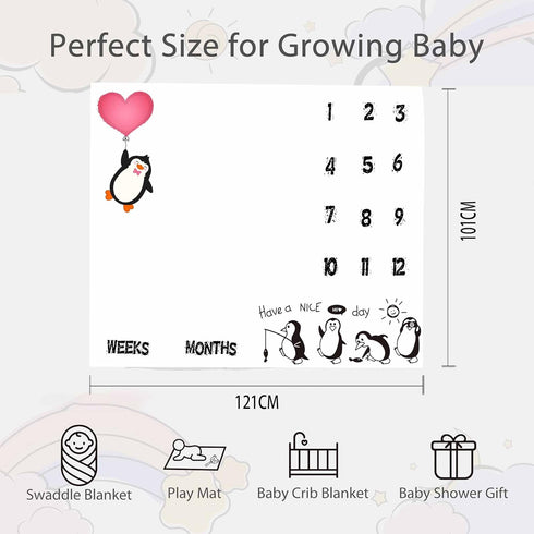 Penguin Baby Monthly Milestone Blanket, 48x40in Soft Flannel, Newborn Mom Gifts