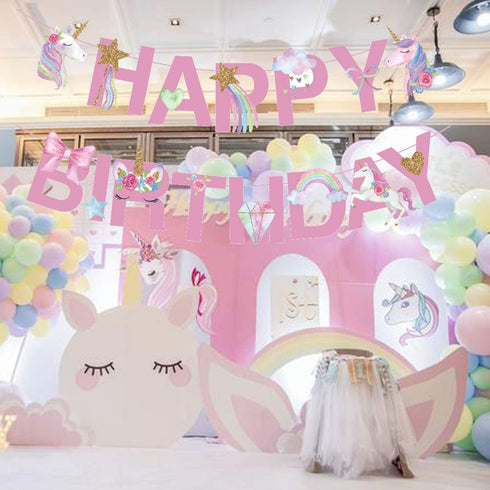 CC HOME Unicorn Happy Birthday Banner/Unicorn Party Supplies for Kids Birthday Party Decoration, Pink