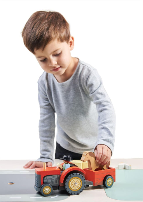 18m+ Tender Leaf Toys - Farmyard Tractor - Wooden Tractor Toy with Removeable Trailer, Animals and Accessories