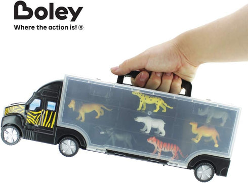 Boley 8 Piece 14" Safari Transport Truck Carrier - Miniature Animal Figures with Semi Truck Trailer Toy - Loadable Miniature Animals with Portable Truck and Collapsible, Easy-to-Hold Handle