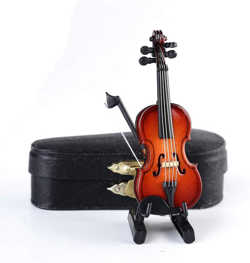 Dselvgvu Wooden Miniature Violin with Stand - Mini Musical Instrument Dollhouse Model Ornament