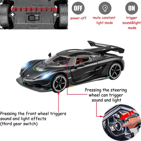 Toy Cars Model Koenigsegg Jesko 1/24 Black Alloy Collectibles, Die-cast Vehicles with Sound and Light