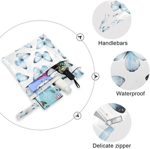 Haskirky 2 Blue Butterflies Watercolor Pcs Cloth Diaper Wet Dry Bags,Waterproof and Washable Bag for Travel Reusable