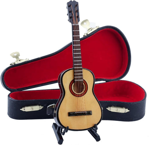 Wooden Miniature Guitar with Stand and Case, Collectible Figurines Dollhouse Accessories Model Home Decoration