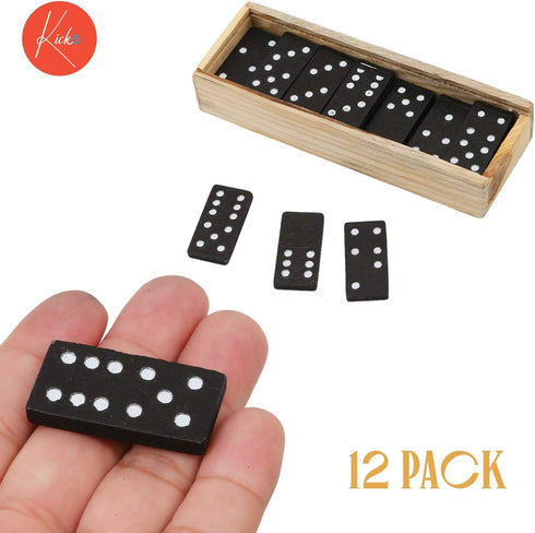 Set 12 Pack Kicko Mini Wooden Dominoes - - Miniature Classic Board Games - Small Blocks, Educational Toys, Game Tiles