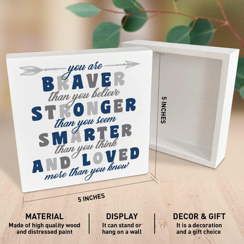 NKBINLILI Nursery Boys Room Wooden Box Sign - You Are Braver Than You Believe, Inspirational Baby Bedroom Desk Decor