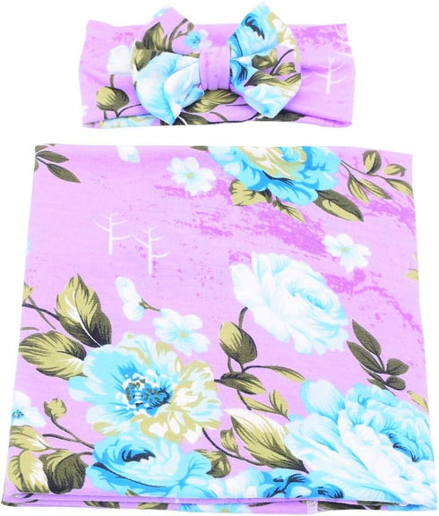 Galabloomer Newborn Baby Sleep Receiving Blanket and Bow Headband Set, Baby Swaddle Blanket