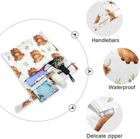 Haskirky 2 Cute Highland Calf Pcs Cloth Diaper Wet Dry Bags,Waterproof and Washable Bag for Travel Reusable Wet Bag