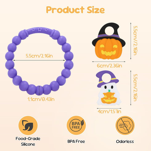 CulinaCraft 3-12 Halloween Baby Teething Toys, Pumpkin & Ghost Silicone Teether for Months, Textured Sensory Chewing
